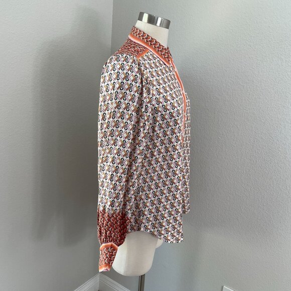 Hale Bob Womens Small Long Sleeve Button Up Blouse Geometric Orange White Shirt - Picture 3 of 13
